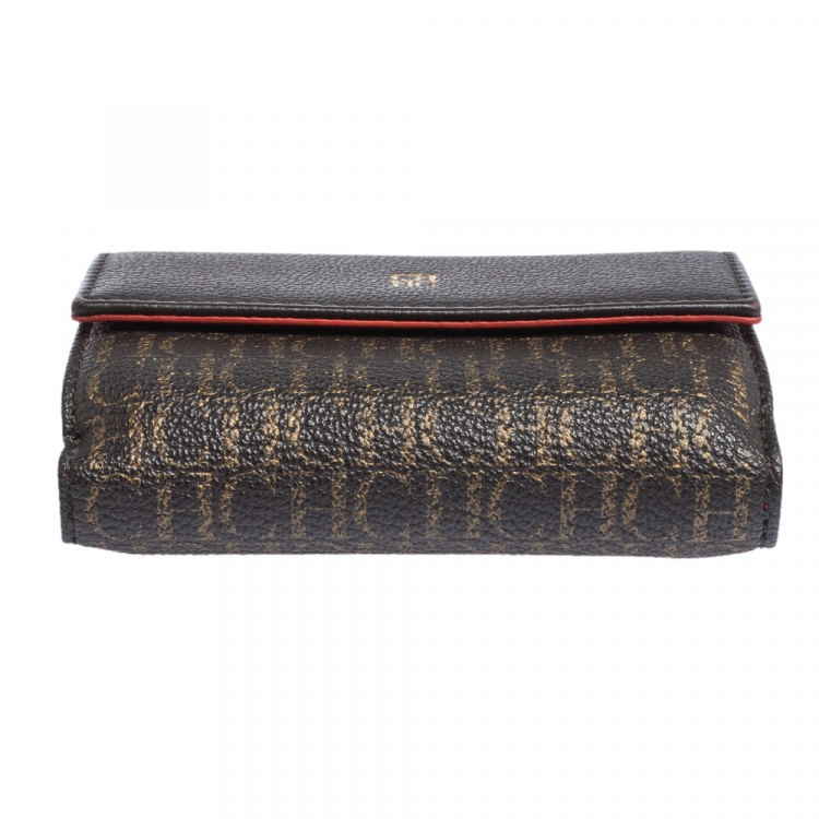 Pre Owned Carolina Herrera Dark Brown Monogram Coated Canvas and Leather Flap Compact Wallet