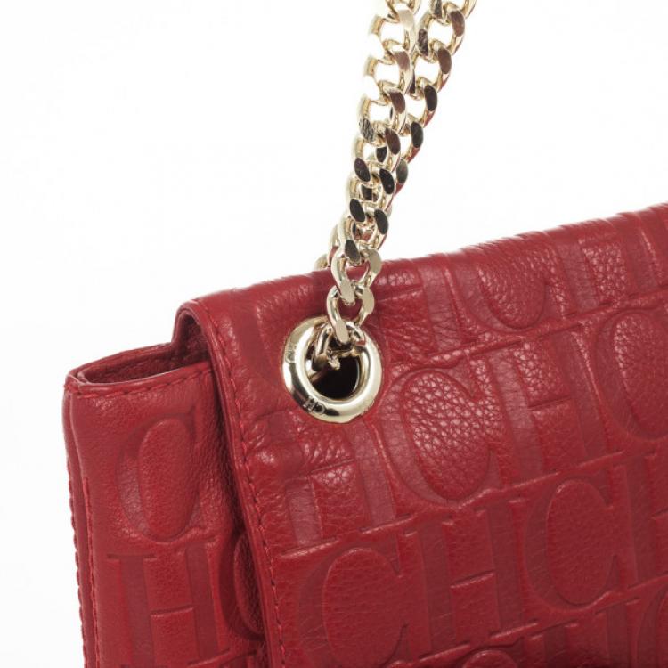 Pre Owned Carolina Herrera 'Holly' Red Monogram Embossed Bag