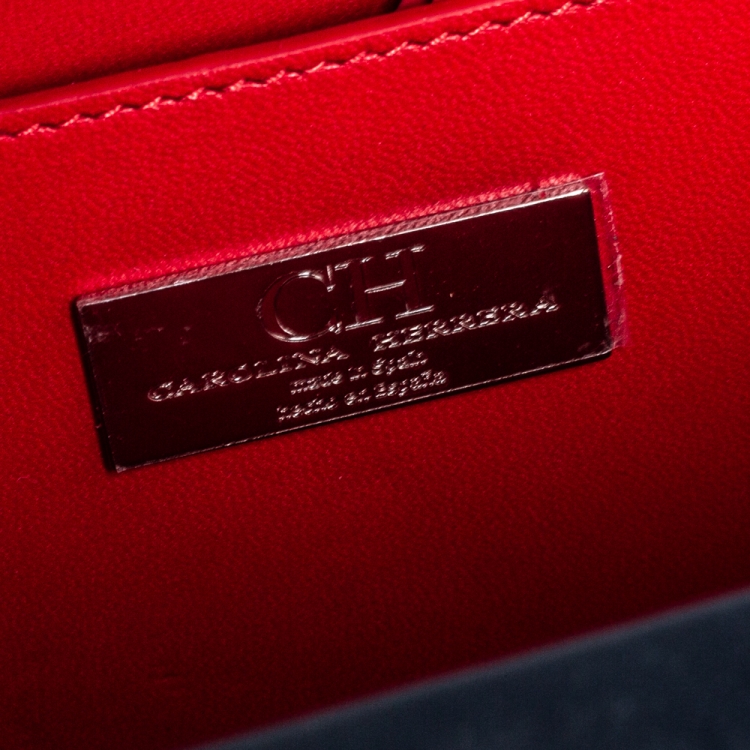 Pre Owned Carolina Herrera Navy Blue/Red Embossed Leather Insignia Flap Top Handle Bag