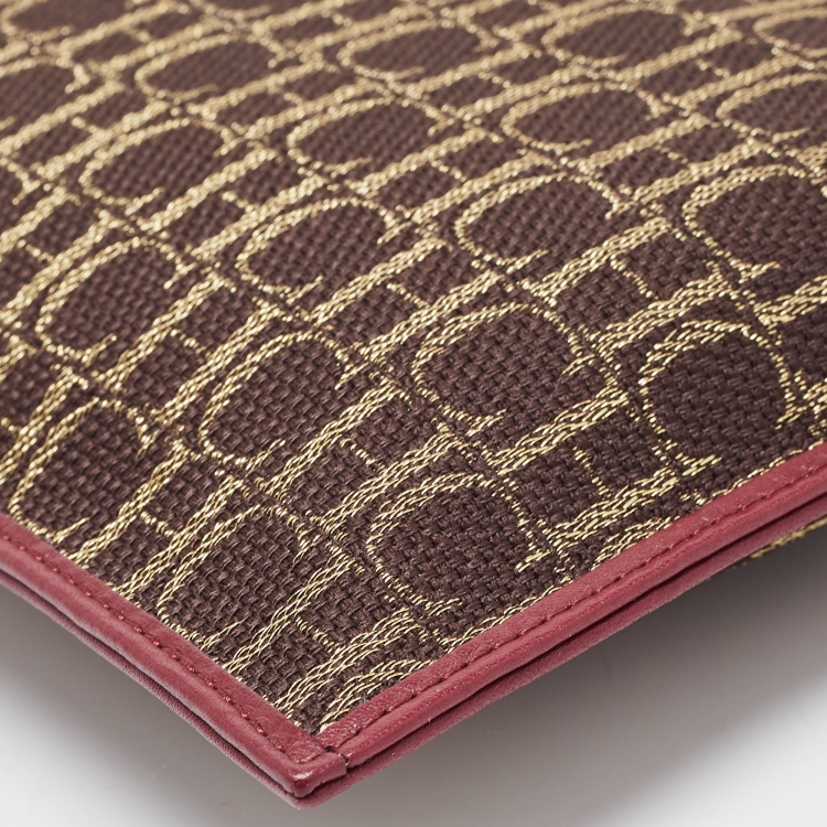 Pre Owned Carolina Herrera Burgundy/Dark Brown Monogram Canvas and Leather Flat Pouch