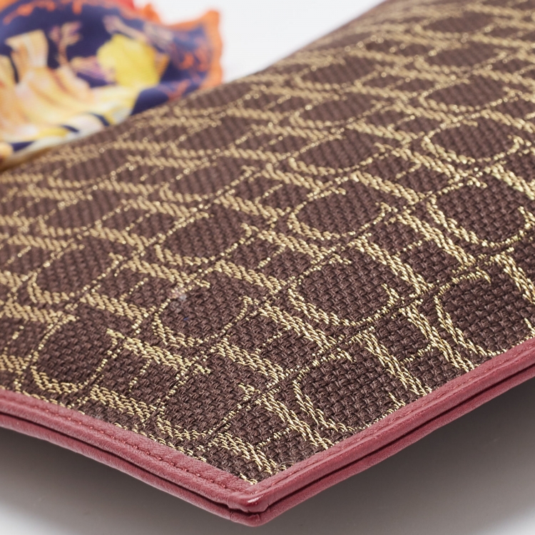 Pre Owned Carolina Herrera Burgundy/Dark Brown Monogram Canvas and Leather Flat Pouch