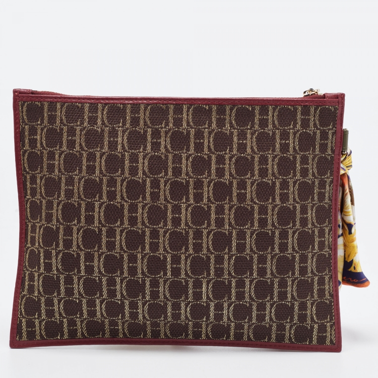 Pre Owned Carolina Herrera Burgundy/Dark Brown Monogram Canvas and Leather Flat Pouch