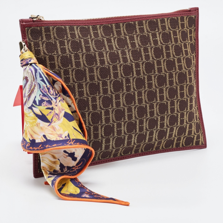 Pre Owned Carolina Herrera Burgundy/Dark Brown Monogram Canvas and Leather Flat Pouch