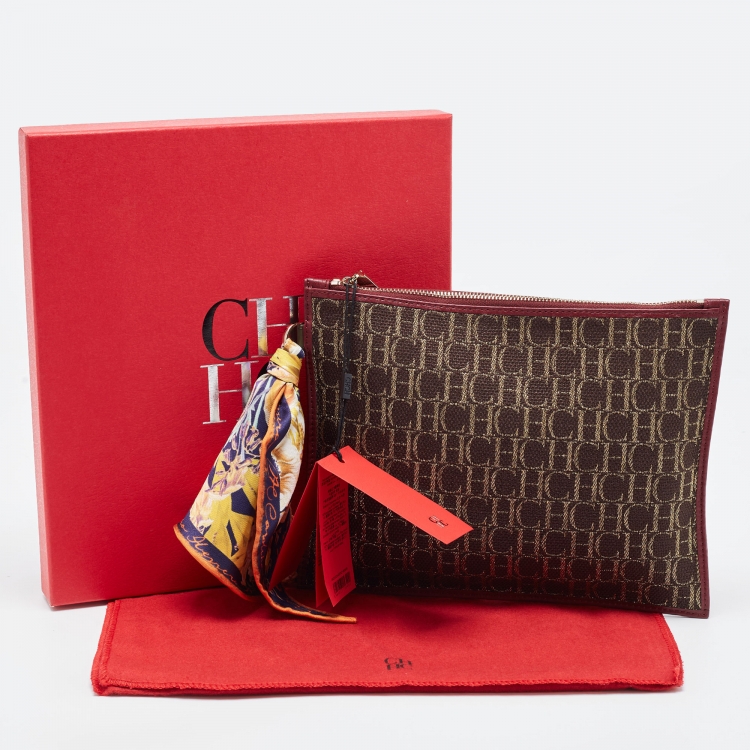 Pre Owned Carolina Herrera Burgundy/Dark Brown Monogram Canvas and Leather Flat Pouch