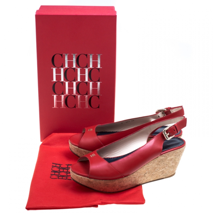 Pre Owned Carolina Herrera Red Leather Cork Platform Peep Toe Slingback Sandals Size 39