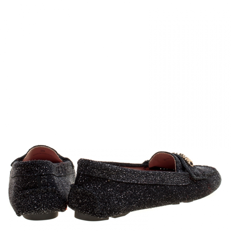 Pre Owned Carolina Herrera Black Glitter Effect Suede Moccasins Size 39