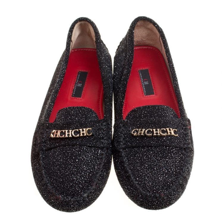 Pre Owned Carolina Herrera Black Glitter Effect Suede Moccasins Size 39