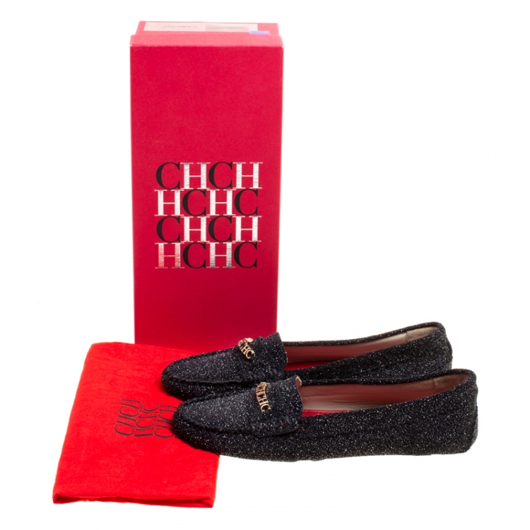 Pre Owned Carolina Herrera Black Glitter Effect Suede Moccasins Size 39