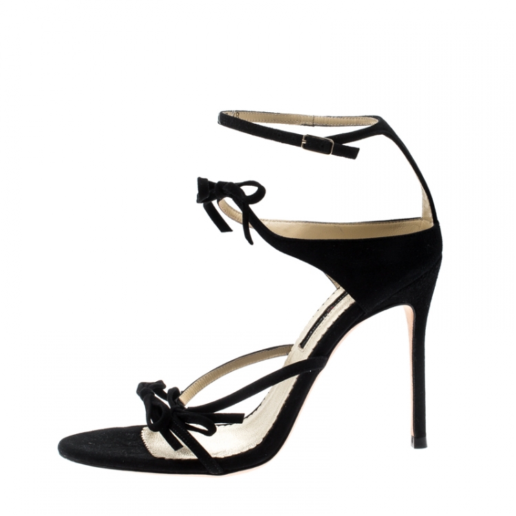 Pre Owned Carolina Herrera Black Suede Bow Detail Strappy Open Toe Sandals Size 38