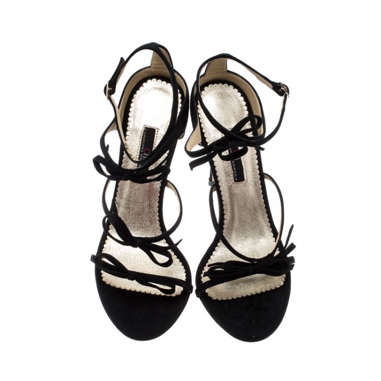 Pre Owned Carolina Herrera Black Suede Bow Detail Strappy Open Toe Sandals Size 38