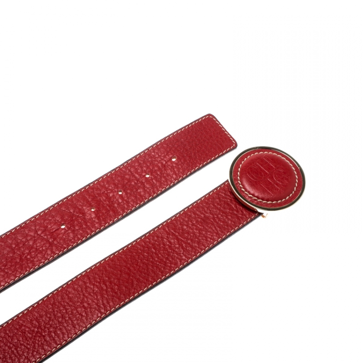 Pre Owned Carolina Herrera Red Leather Round Logo Belt 80CM