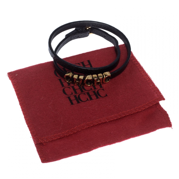 Pre Owned Carolina Herrera CH Logo Black Leather Double Tour Bracelet
