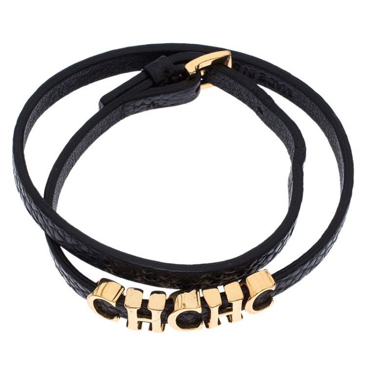 Pre Owned Carolina Herrera CH Logo Black Leather Double Tour Bracelet