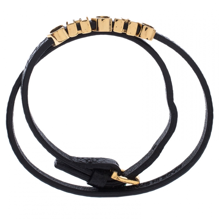 Pre Owned Carolina Herrera CH Logo Black Leather Double Tour Bracelet