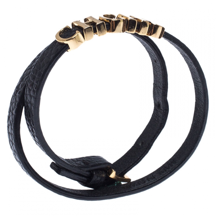 Pre Owned Carolina Herrera CH Logo Black Leather Double Tour Bracelet