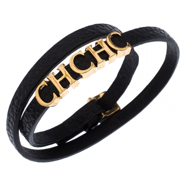 Pre Owned Carolina Herrera CH Logo Black Leather Double Tour Bracelet