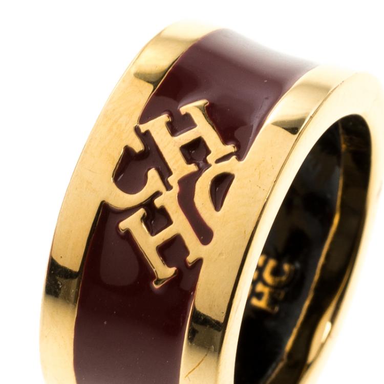 Pre Owned Carolina Herrera CH Burgundy Enamel Gold Tone Band Ring Size 54.5