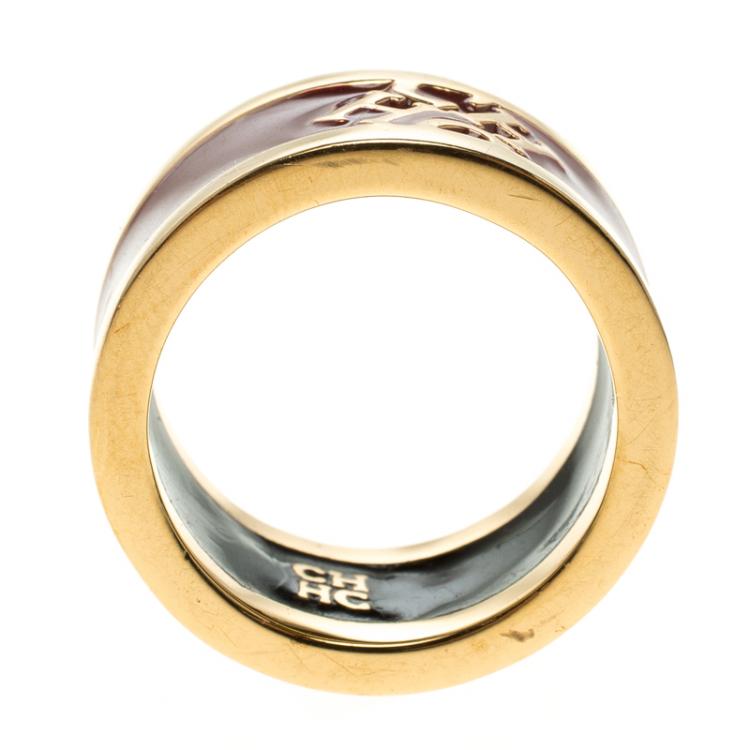 Pre Owned Carolina Herrera CH Burgundy Enamel Gold Tone Band Ring Size 54.5