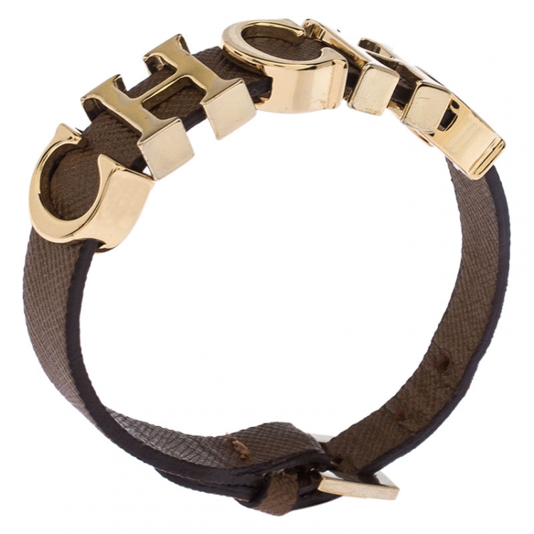 Pre Owned Carolina Herrera Brown CH Logo Leather Bracelet