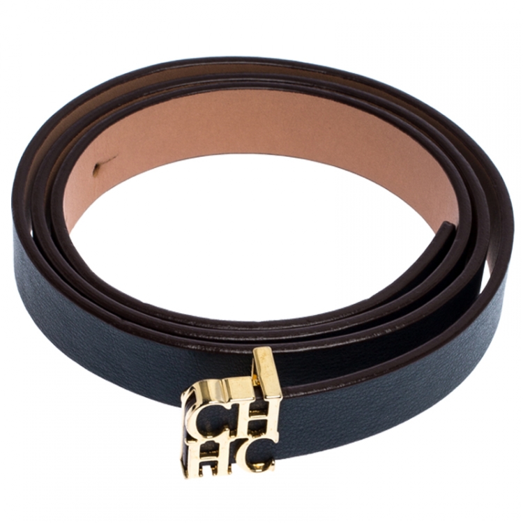 Pre Owned Carolina Herrera Dark Blue Leather CHHC Buckle Belt 85CM