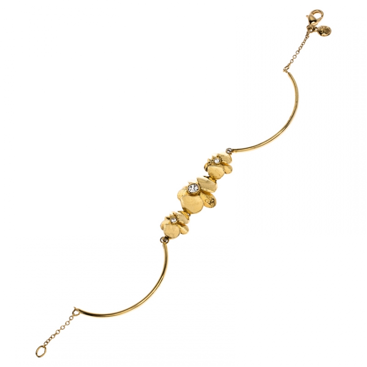 Pre Owned Carolina Herrera Crystal Embedded Floral Gold Tone Bracelet