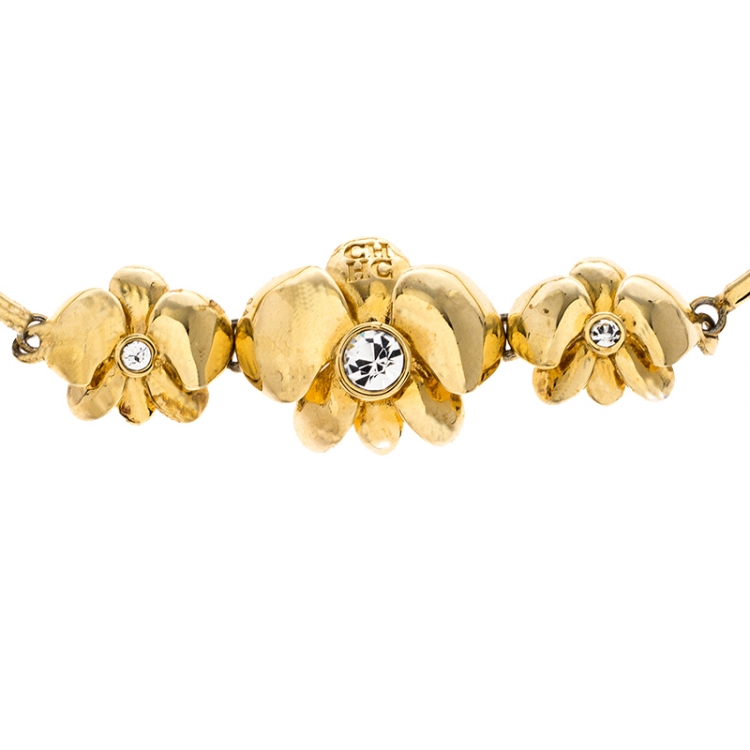 Pre Owned Carolina Herrera Crystal Embedded Floral Gold Tone Bracelet