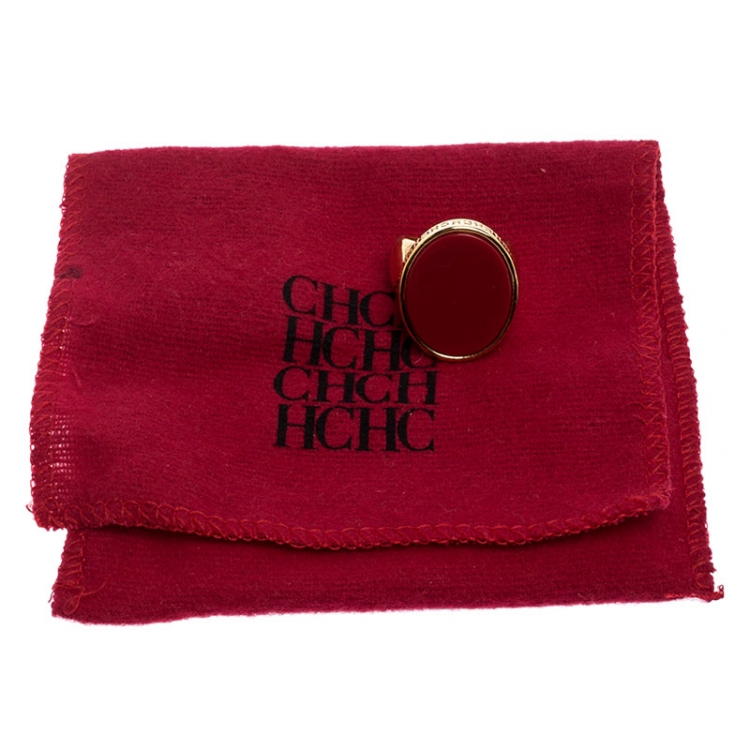 Pre Owned Carolina Herrera Red Stone Gold Tone Cocktail Ring Size 58
