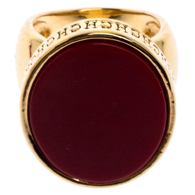 Pre Owned Carolina Herrera Red Stone Gold Tone Cocktail Ring Size 58