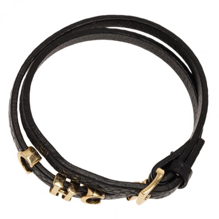 Pre Owned Carolina Herrera Double Wrapped Black Leather Bracelet 18CM