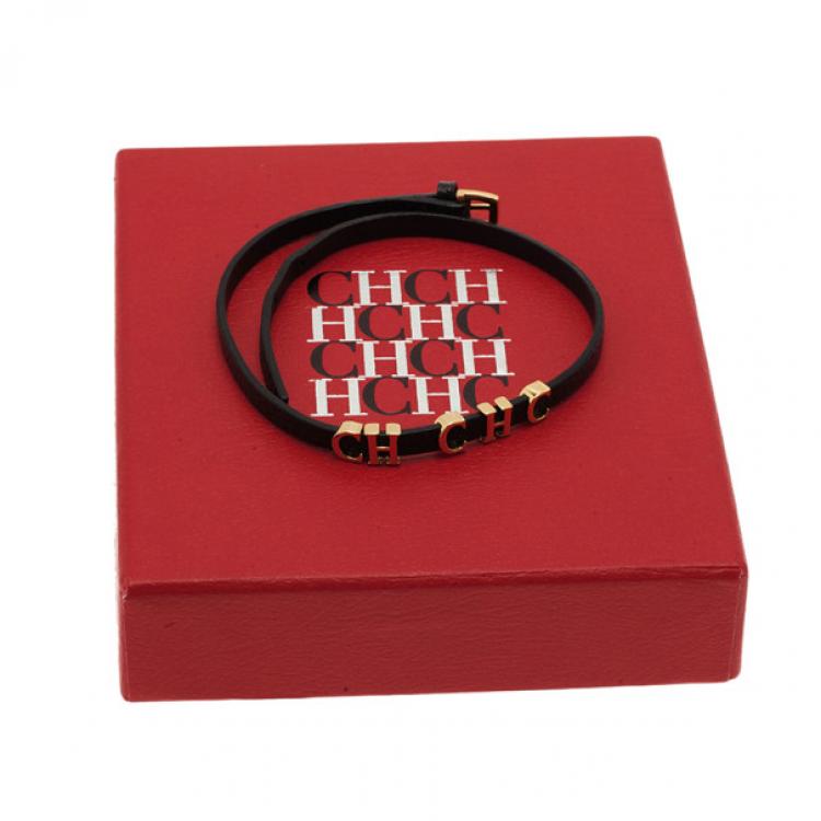 Pre Owned Carolina Herrera Double Wrapped Black Leather Bracelet 18CM