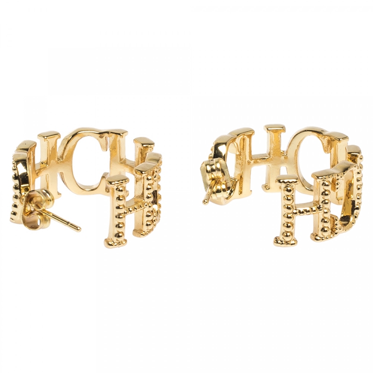 Pre Owned Carolina Herrera Gold Tone Between The Line Hoop Earrings