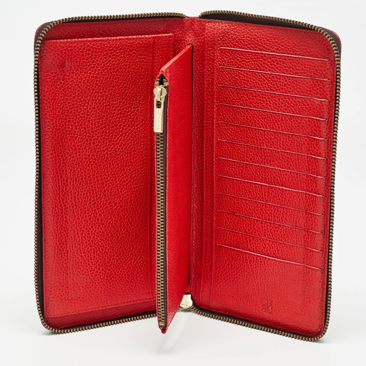 Pre Owned Carolina Herrera Red Leather Zip Around Wallet Organizer 