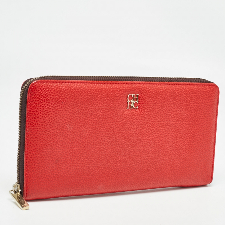 Pre Owned Carolina Herrera Red Leather Zip Around Wallet Organizer 