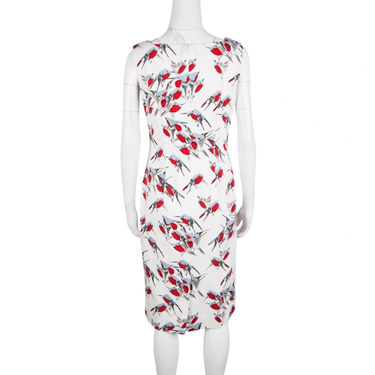 Pre Owned Carolina Herrera White Sparrow Printed Sleeveless Sheath Dress M