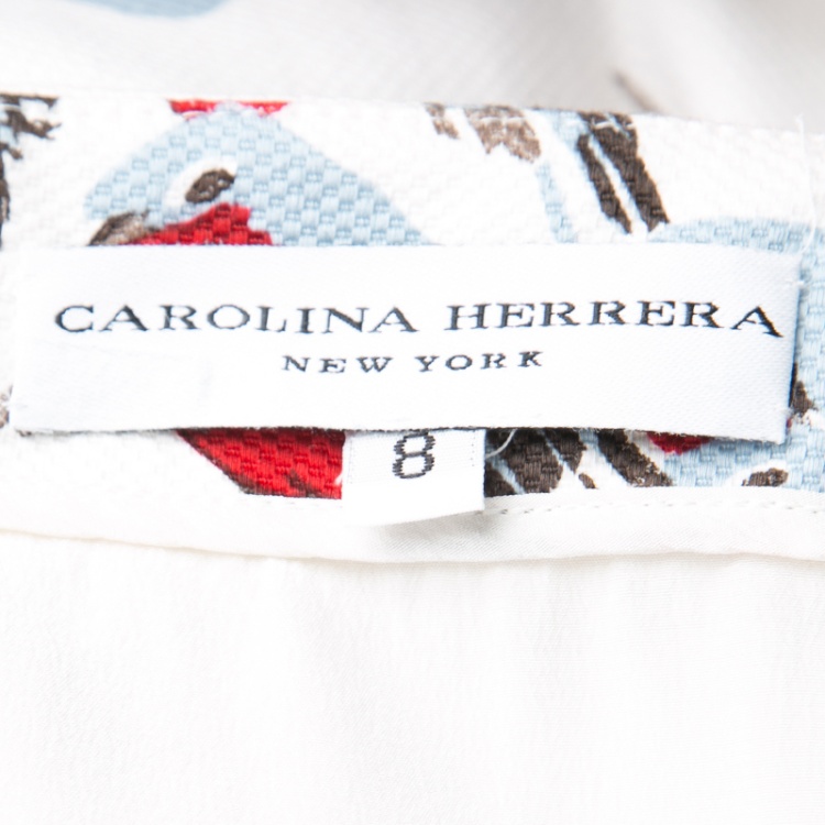 Pre Owned Carolina Herrera White Sparrow Printed Sleeveless Sheath Dress M