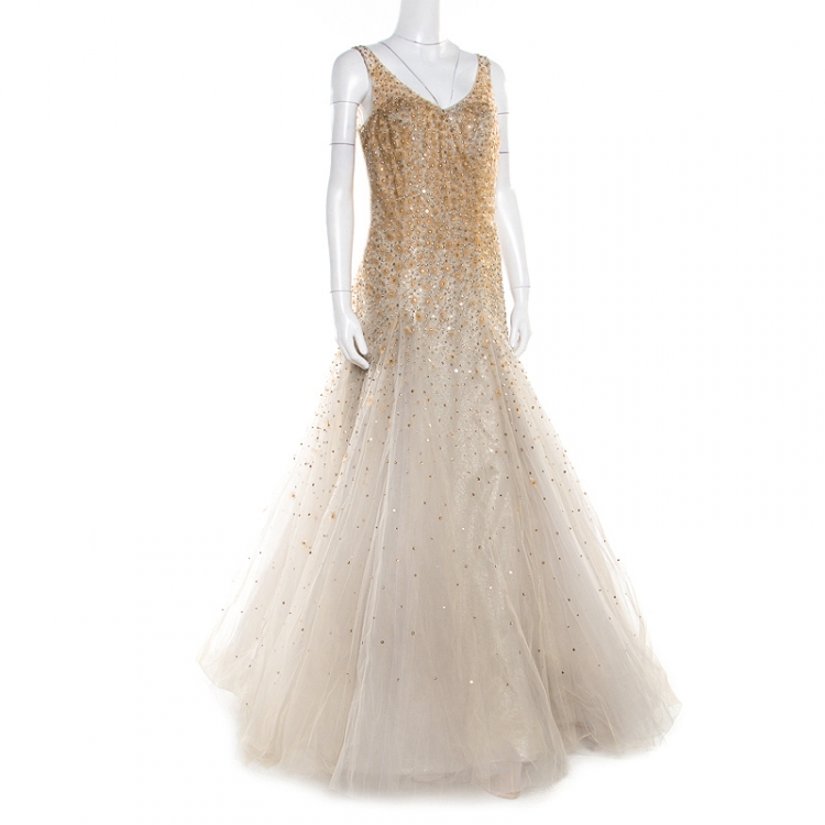 Pre Owned Carolina Herrera Grey and Beige Gold Mini Peacock Feather Embellished Tulle Gown L