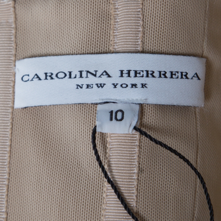 Pre Owned Carolina Herrera Grey and Beige Gold Mini Peacock Feather Embellished Tulle Gown L