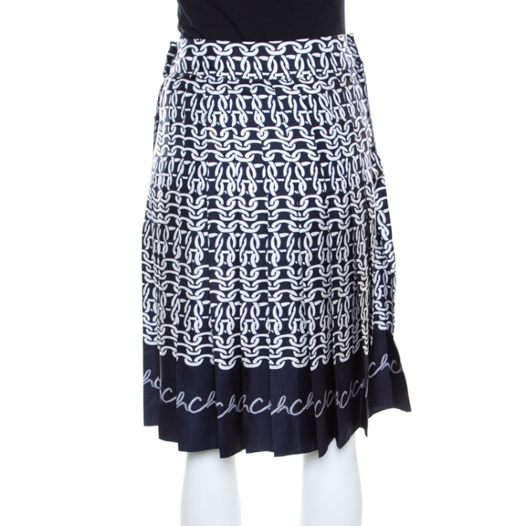 Pre Owned Carolina Herrera Indigo Nautical Print Silk Pleated Skirt XS