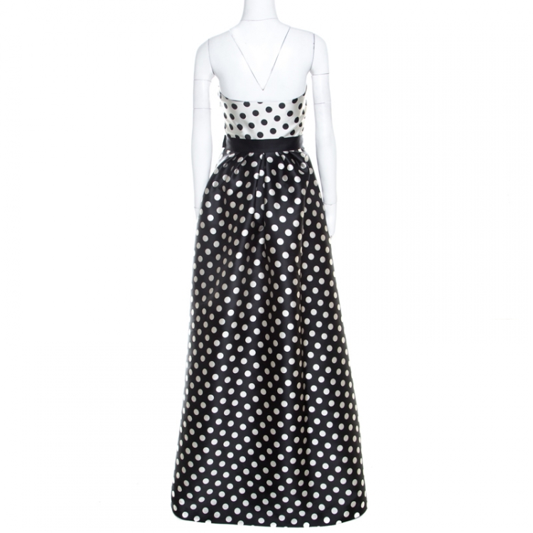 Pre Owned Carolina Herrera Monochrome Polka Dot Strapless Evening Gown S