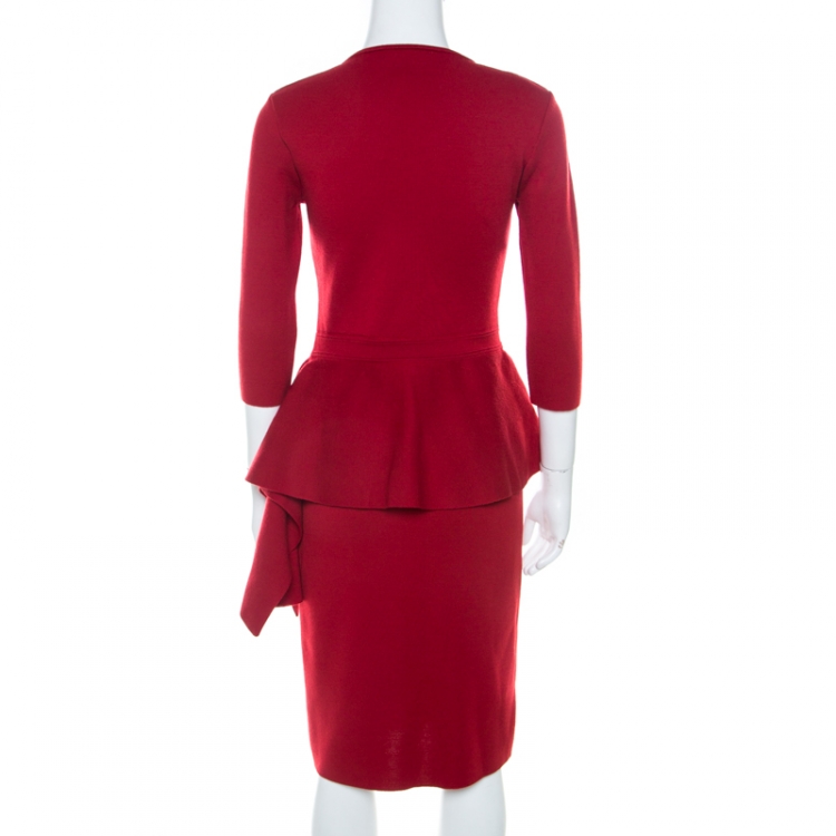Pre Owned Carolina Herrera Red Stretch Wool Peplum Dress S