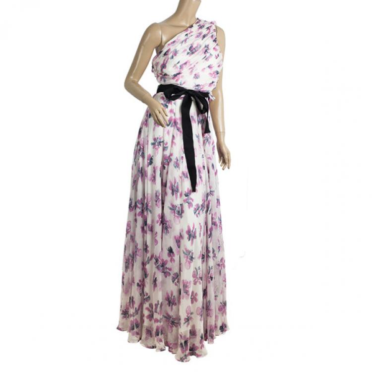 Pre Owned Carolina Herrera One Shoulder Floral Chiffon Gown L
