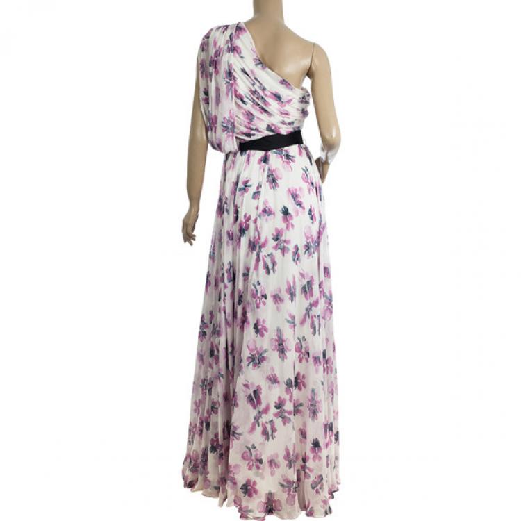Pre Owned Carolina Herrera One Shoulder Floral Chiffon Gown L