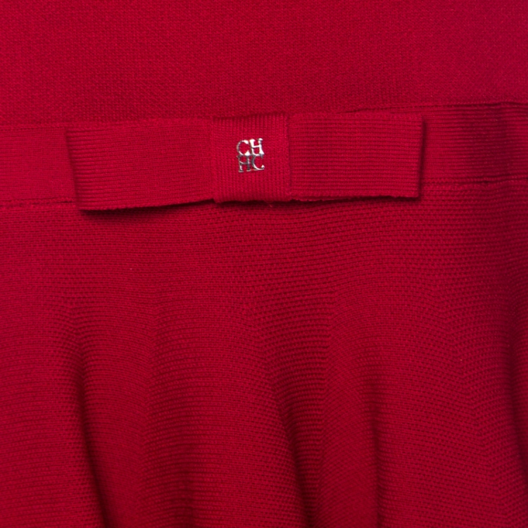 Pre Owned CH Carolina Herrera Red Stretch Knit Bow Detail A Line Skater Dress M