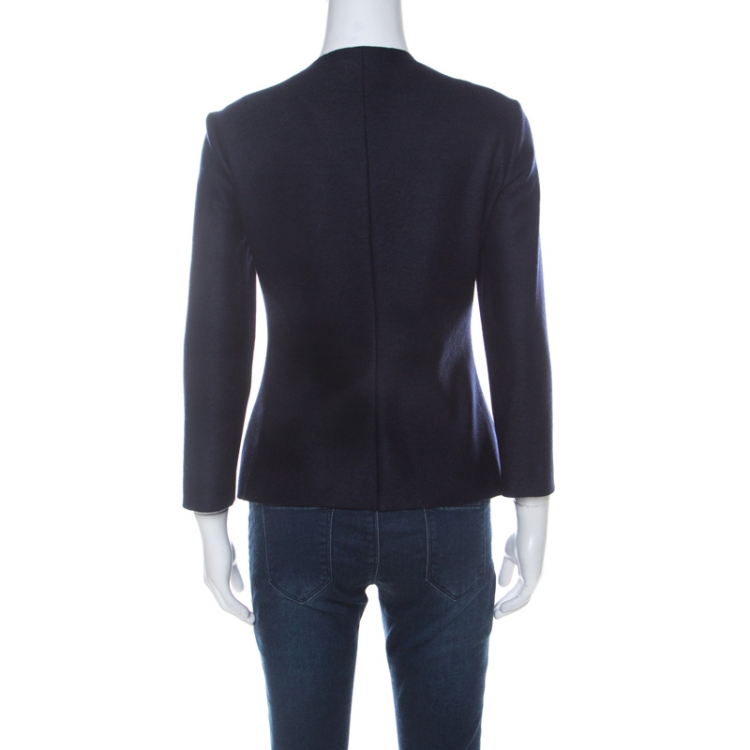 Pre Owned CH Carolina Herrera Navy Blue Fleece Wool Ruffle Detail Zip Front Jacket M