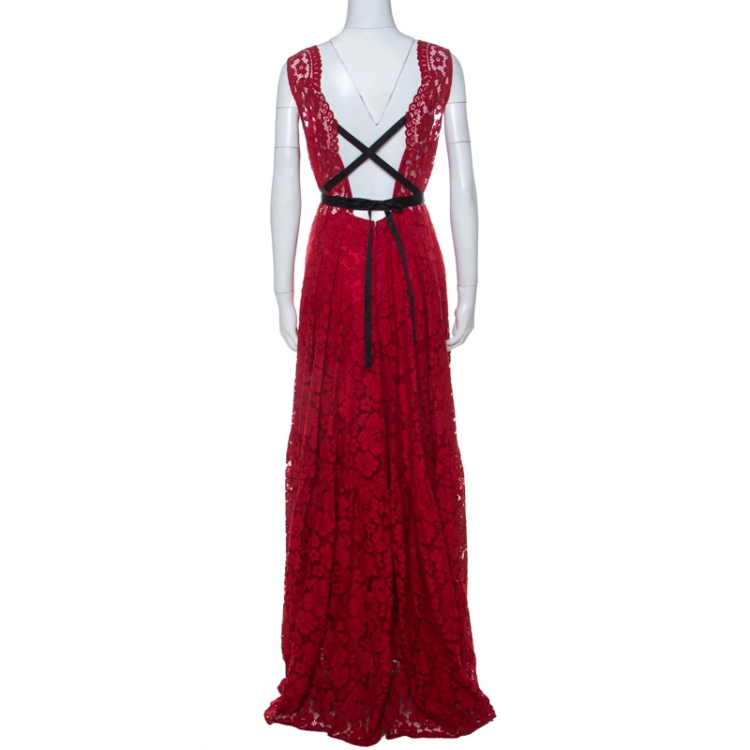 Pre Owned Carolina Herrera Red Floral Lace Black Strap Detail Gown M