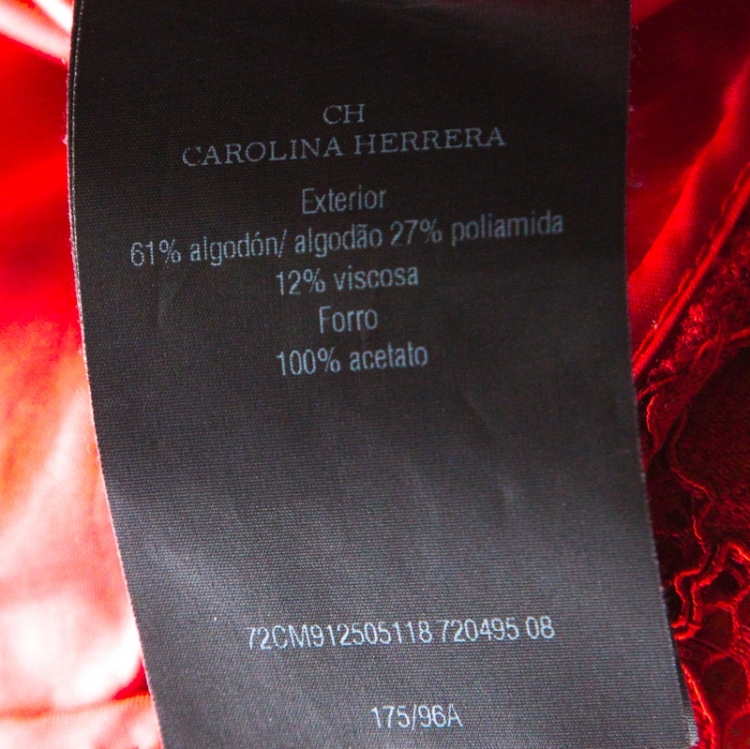 Pre Owned Carolina Herrera Red Floral Lace Black Strap Detail Gown M