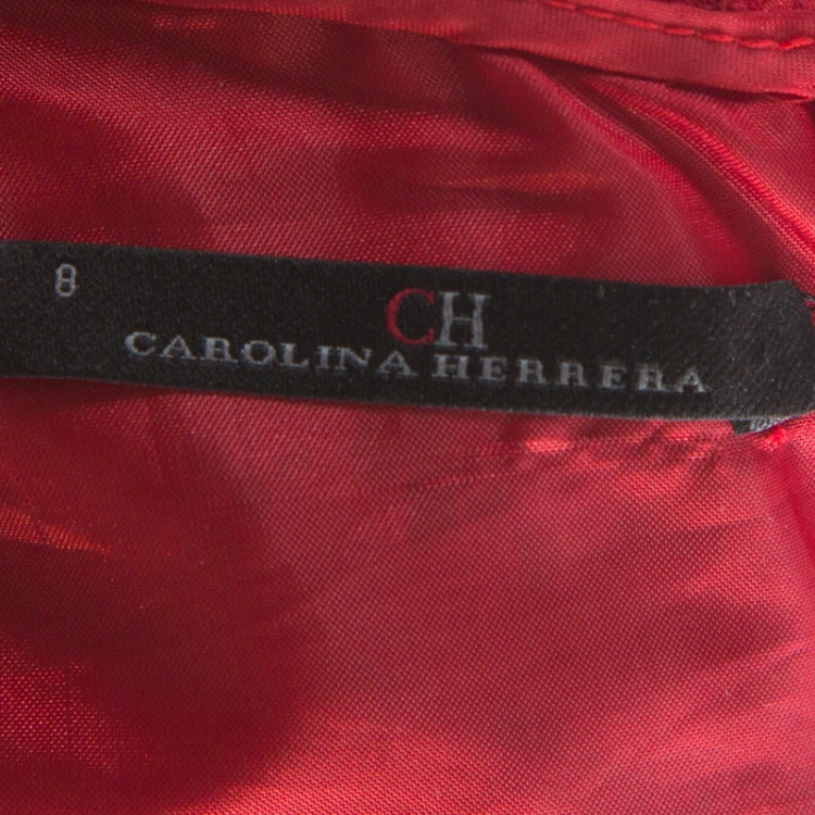 Pre Owned Carolina Herrera Red Floral Lace Black Strap Detail Gown M