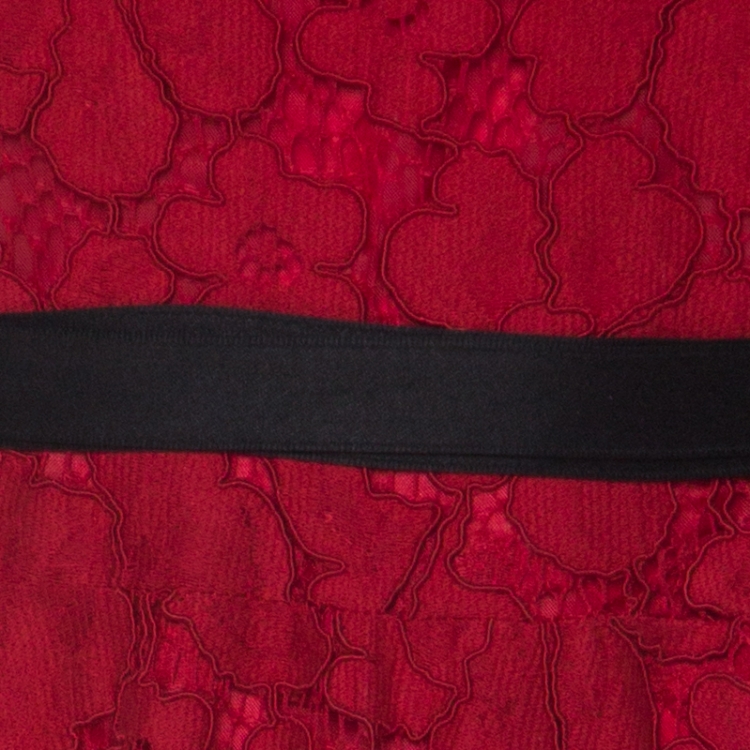 Pre Owned Carolina Herrera Red Floral Lace Black Strap Detail Gown M