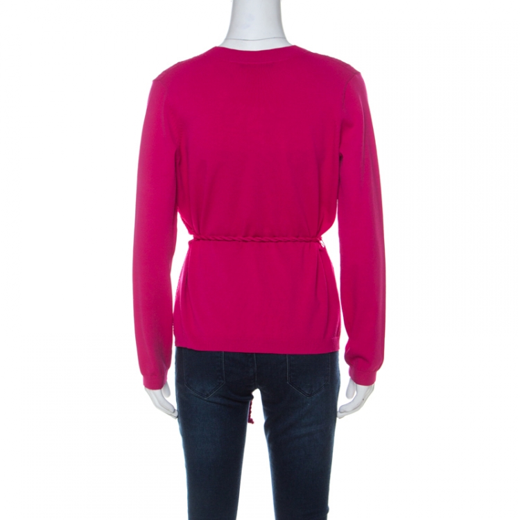 Pre Owned Carolina Herrera Fuschia Pink Crochet Knit Belted Cardigan S 