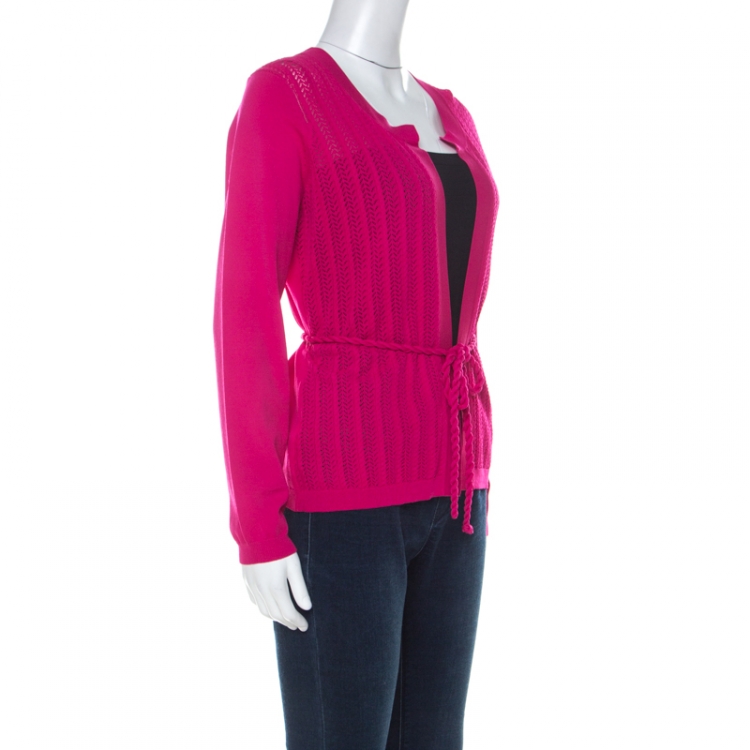 Pre Owned Carolina Herrera Fuschia Pink Crochet Knit Belted Cardigan S 